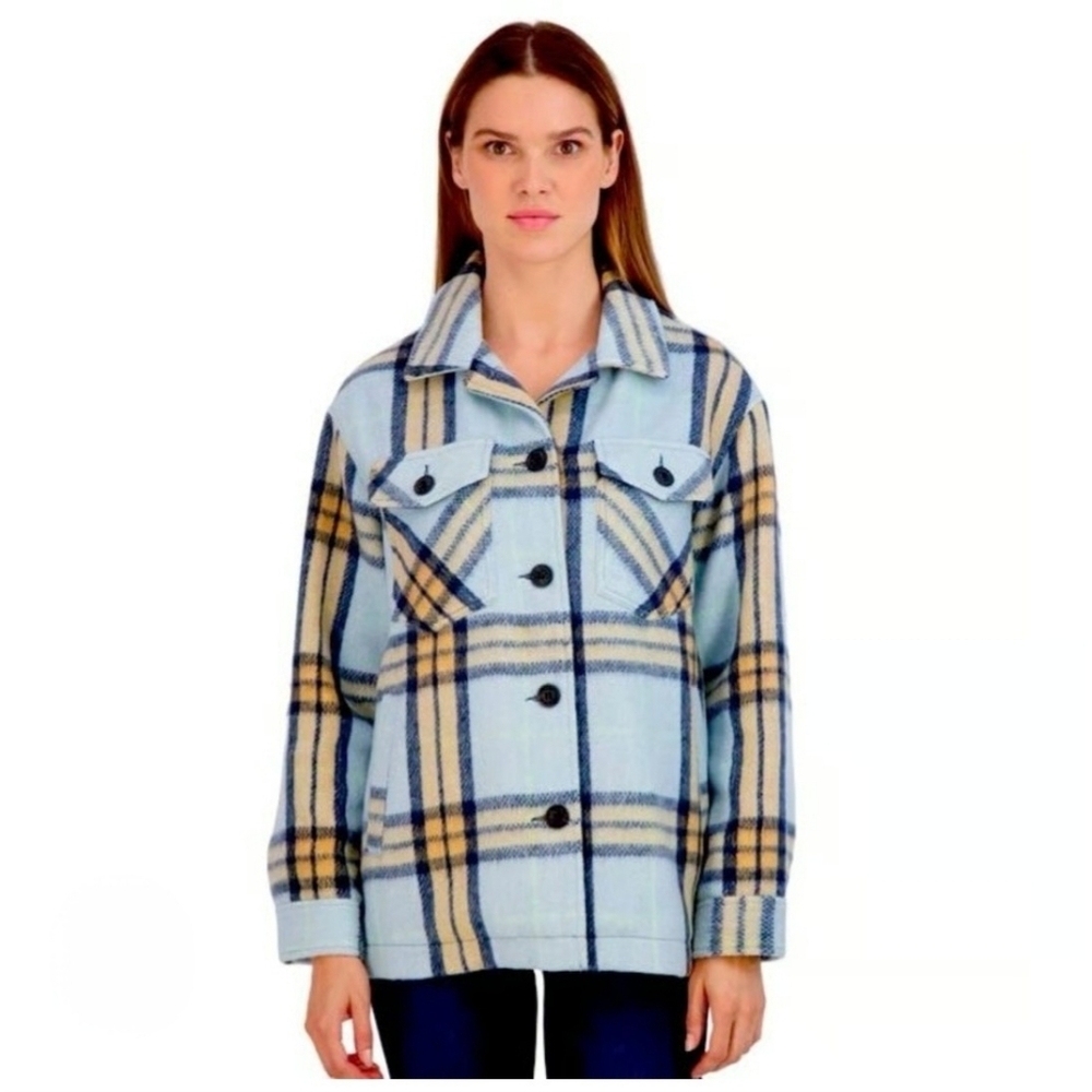 Avec Les Filles Flannel Shacket Shirt Button-Down Blue Plaid NEW